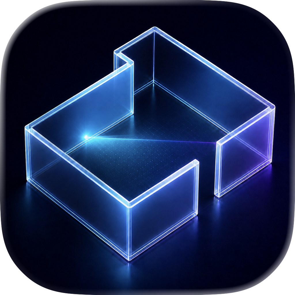 Floor Plan Studio icon: an open glass room in cyan and violet